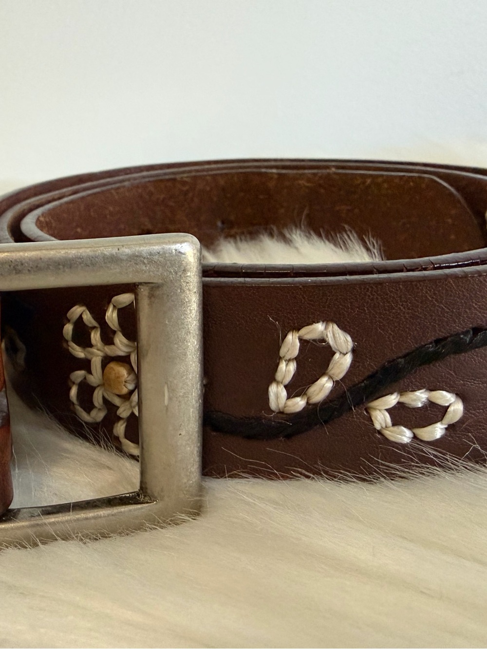 Woolrich Italian Full Grain Leather Belt with floral design and brass buckle